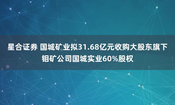 星合证券 国城矿业拟31.68亿元收购大股东旗下钼矿公司国城实业60%股权
